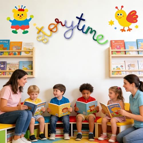 Handmade Storytime Wall Sign-Knitted Wire Storytime Sign Reading Corner Sign Decor story time wall sign wire Letters Book Corner Decor for Kids Room Nursery & Playroom (Rainbow Story)