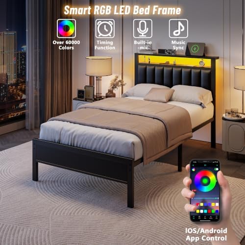 Furnulem Black Twin Bed Frames with PU Upholstered Headboard & LED Lights