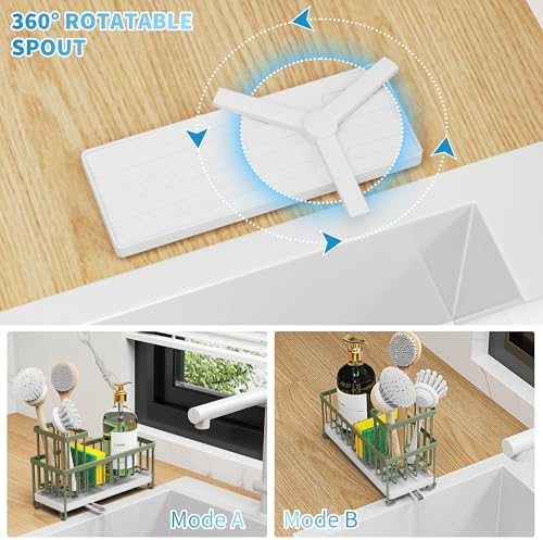 Cisily Sponge Holder for Kitchen Sink, Sink Caddy Organizer with High Brush Holder, Kitchen Countertop Organizers and Storage Essentials, Rustproof 304 Stainless Steel (Sage Green, 9.25″)