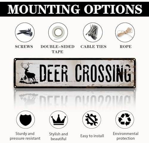 Rustic Farmhouse Metal Sign, “Deer Crossing” Vintage Tin Plaque for Cabin, Pond, Yard, or Garage, Outdoor & Indoor Country Wall Art, Easy to Hang, 15.8 x 4 Inch