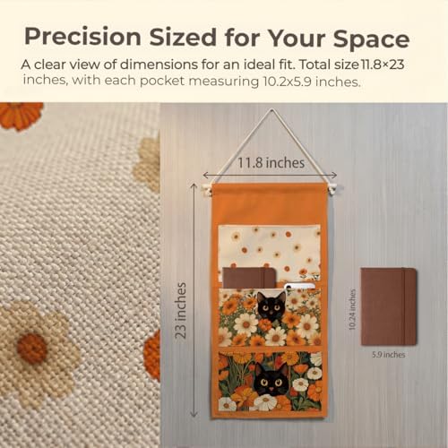 IAXIC Canvas Wall Hanging Organizer with Pockets Fish Extender Hanging Pouch Daisy Cat Door Closet Organizers Fabric Storage Pockets Wall Decoration
