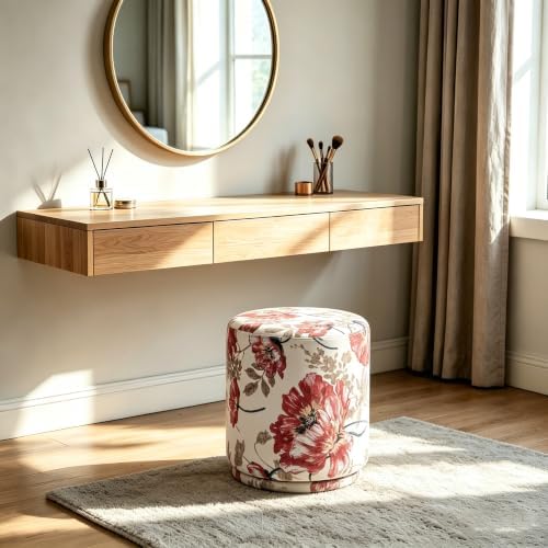15.7" Swivel Vanity Stool, Floral Velvet Round Ottoman, Red