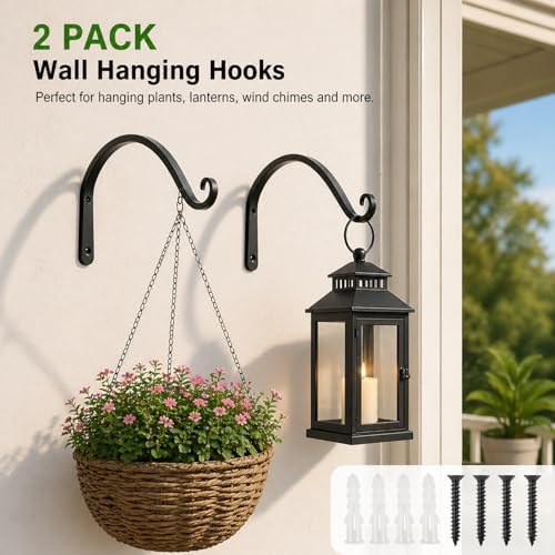 FEED GARDEN Heavy Duty Plant Hooks - 2 Pack 8 Inch Wall Mounted Hanging Brackets, 44lb Capacity Steel Plant Hangers for Bird Feeders, Baskets, Wind Chimes Outdoor Indoor- Black