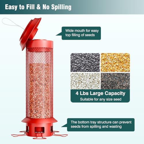 Heavy-Duty Squirrel Proof Bird Feeder, Removable Tray for Easy Cleaning, Weight-Activated Cage, 5 Perches, 4 Lb Capacity, Tube Metal Bird Feeder for Outdoors Cardinals, Finches