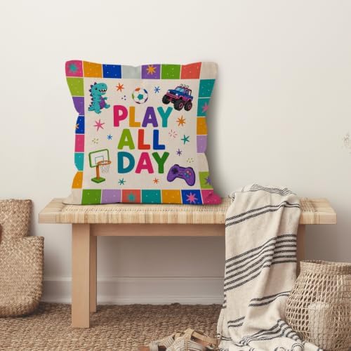 Colorful Dinosaur Truck Sports Boy Nursery Throw Pillow Cover 18x18