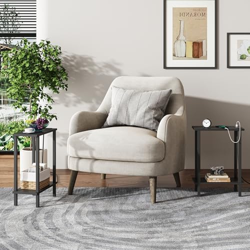 TUTOTAK Narrow Side Table, 2-Tier Small End Table with Charging Station
