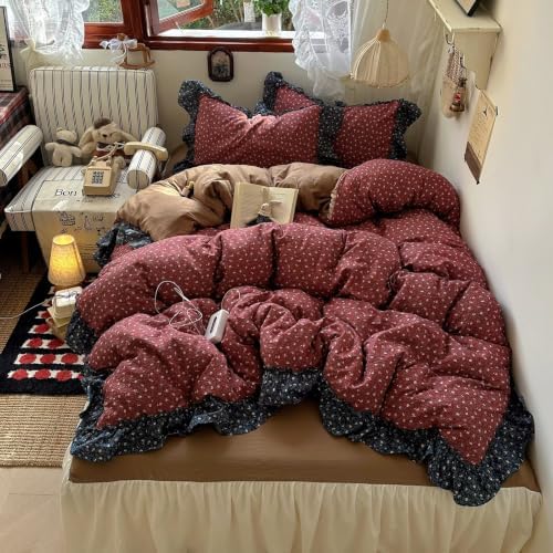 Duvet Cover Full Size with 2 Pillowcases,Vintage Red Floral Bedding