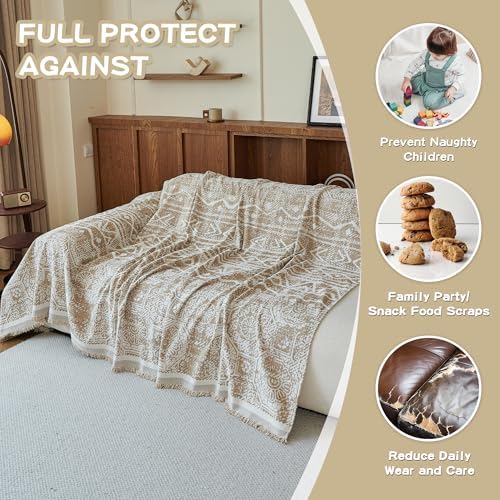 MEETSKY Boho Couch Cover Sofa Slipcover for Sectional Sofa Covers Protector Universal Use Chenille Blend Thick Fabric Washable, Modern Design Sofa Throw Cover for Living Room, 71" x 118", Khaki