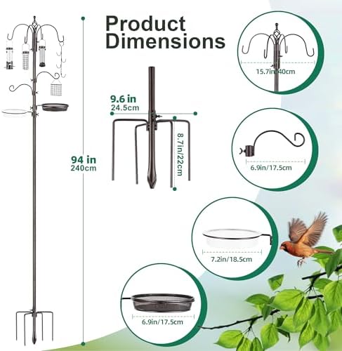 Bird Feeding Station Kit Pole Wild Bird Feeder Hanging Planter Hanger Multi Feeder Hanging with Metal Suet Feeder Bird Bath for Attracting Wild Birds