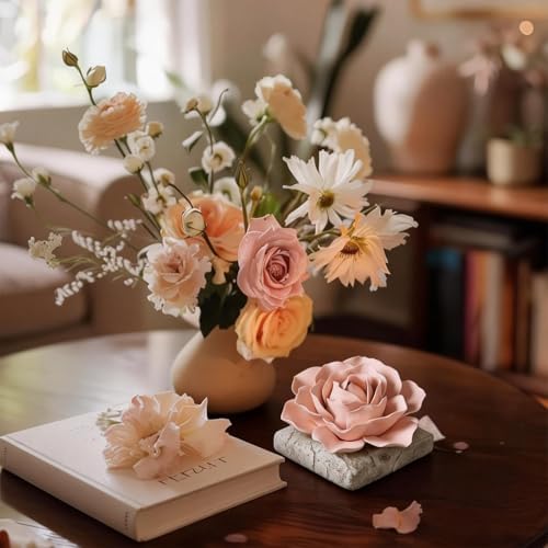 Ceramic Passive Essential Oil Diffuser, Aesthetic Desktop Handmade Flower & Concrete Base, Porcelain Aromatherapy Oils Diffuser for Home, Office, Yoga, Spa Room (Pink Peony)