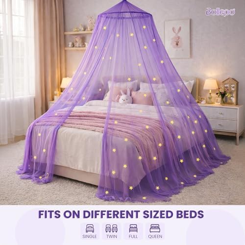 Bollepo Purple Bed Canopy for Girls with Glowing Stars - Princess Netting Room Decor, Ceiling Tent to Cover Toddler | Single, Twin, Full, Queen Size Kids Bed, Fire Retardant Fabric