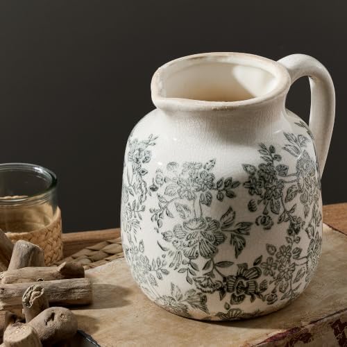 Ceramic Vintage Flower Vase, Utensil Holder, Chinoiserie Decorative Vase Decor Rustic Farmhouse Retro Floral Vases for Table Bookshelf Mantel Kitchen Living Room Office - 6.7” Gray 016