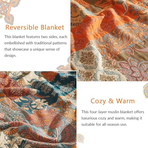 Bailix Boho Throw Blanket, 100% Cotton, Woven Floral Pattern, 90"x98"