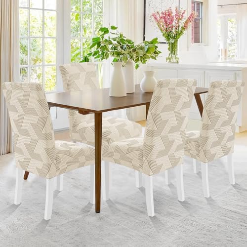 JIVINER Stretch Dining Chair Slipcovers Set of 2, Geometrical Jacquard Dining Chair Covers, Washable Kitchen Chair Covers for Dining Room, Hotel, Party, Beige