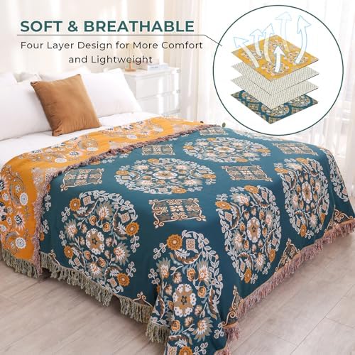 Yellow Floral Rustic Boho Blanket for Bed Couch Travel 60''x 80''