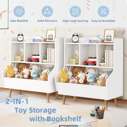 Kids Bookshelf and Toy Storage Organizer, Montessori Nursery Book Shelves with 3 Tier Sling Rack & Fabric Toy Bins, Children Toddler Baby Bookshelf, Wooden Toy Shelf for Kids Room Playroom (Pearl)