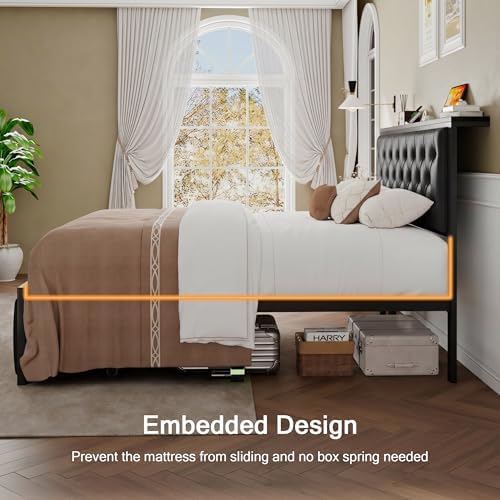 Einhomn King Bed Frame with Storage Drawer, Metal Platform Bed with Charging Station, Upholstered Faux Leather Button Tufted Storage Headboard, No Box Spring Needed, Noise-Free, Easy Assembly, Black