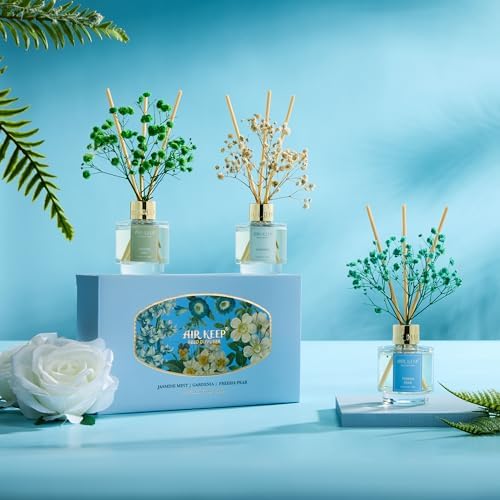 Airkeep Reed Diffuser Set of 3, Jasmine Mint Gardenia Freesia Pear Oil Reed Diffusers for Bedroom Living Room Office Aromatherapy Oil Reed Diffuser for Gift 50ml x 3