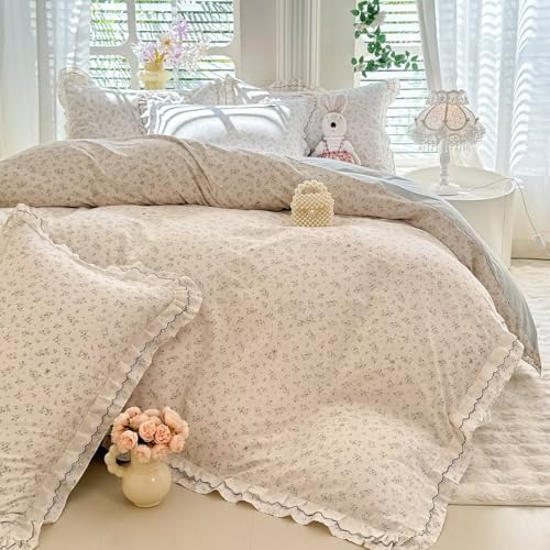 Blue Floral 100% Cotton Duvet Cover Full Size Garden Style Bedding Set Ruffle for Teen Girls,Soft Comfy Bedding Quilt Covers,3 Pieces(1 Duvet Cover with 2 Pillowcases),Zipper & Corner Ties