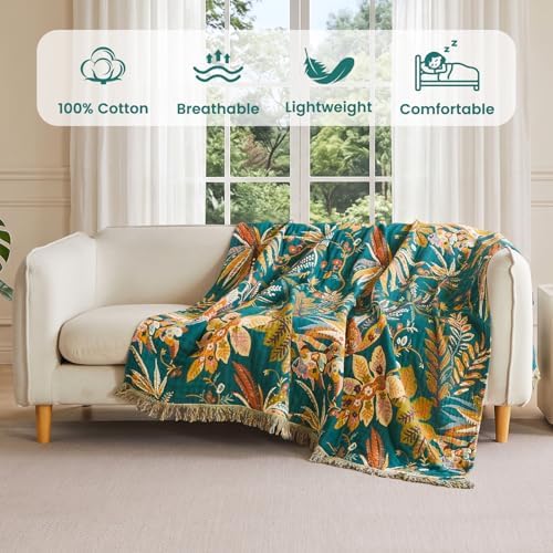 MSGKV Boho Throw Blanket 50"x60" Cotton Fall Floral Blanket for Couch
