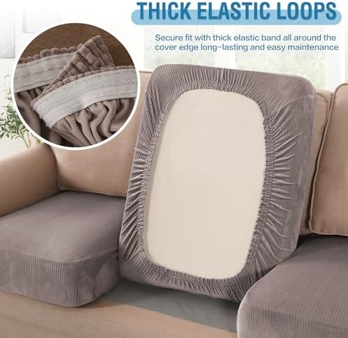 H.VERSAILTEX Velvet Stretch Couch Cushion Cover Plush Cushion Slipcover for Chair Loveseat Sofa Cushion Furniture Protector Seat Cushion Sofa Cover (2 Piece Large Sofa Cushion Covers, Taupe Striped)