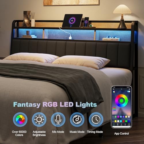 King Headboard Only with Storage, Charging Station, Black & Brown
