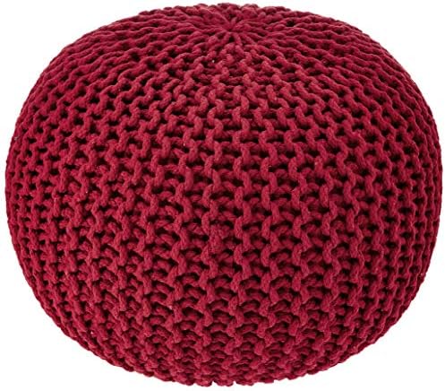· REDEARTH · Round Pouf Ottoman - Hand Knitted Boho Poof Footrest - Red