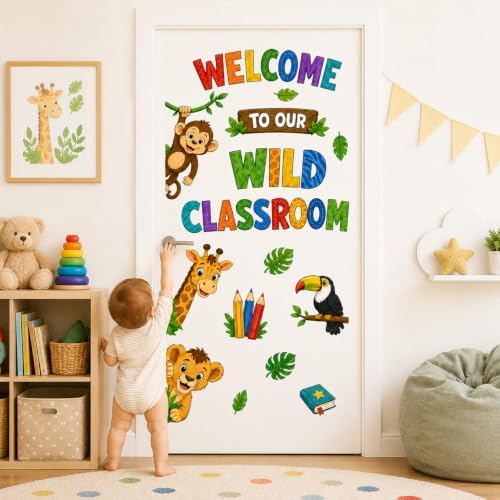Zoo Animal Wall Stickers PVC Jungle Animal Wall Decals Tiger Elephant Giraffe Lion Monkey Peel and Stick Wall Decor for Nursery Playroom Bedroom Classroom Kindergarten