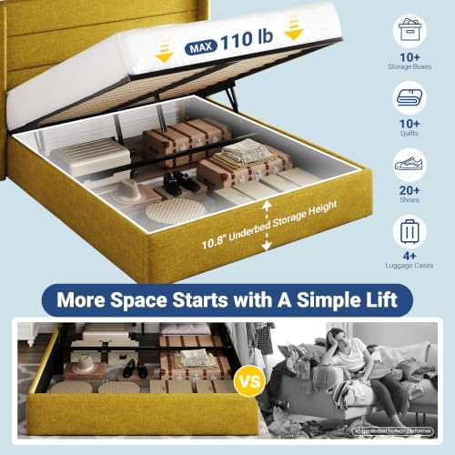 Allewie Full Size Lift Up Hydraulic Storage Bed Frame Olive Yellow