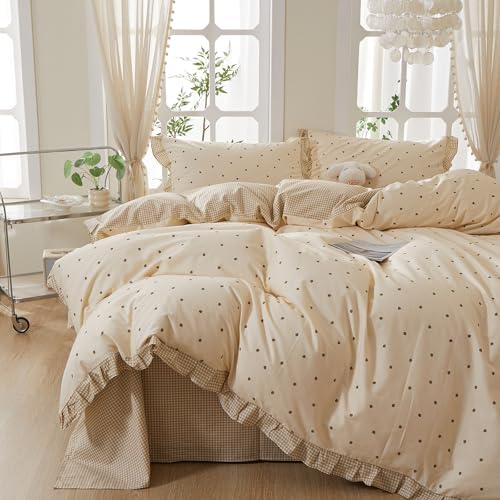 mixinni Floral Duvet Cover Set King Size – 100% Cotton 3-Piece Bedding Set with Ruffled Trim, Reversible Vintage Beige Gingham & Strawberry Print, Soft Aesthetic Duvet Cover with Zipper Closure