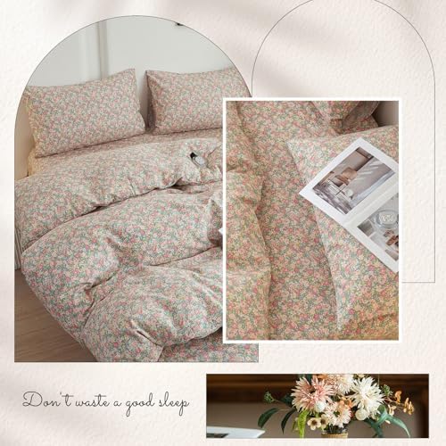 HighBuy 100% Cotton Duvet Cover Queen Size Set,Garden Floral Comforter Cover for Women Girls,Coquette Bedding Duvet Cover Set Shabby Chic Pink Floral Bedding Set Breathable Durable Luxury