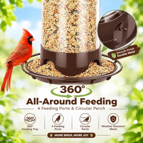 Gbekery Metal Bird Feeders for Outdoors Hanging, 360° Feeding Tray, Brown