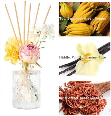 Chloefu Lan Amber Reéd diffuser, 6.7 oz Natural Essential Scented Oil, Pink Yellow and White Flowers Reéd Diffuser Sticks, Bathroom, Home & Office Decor, Preppy Room Decor, Amber Diffuser Oil Gift Set