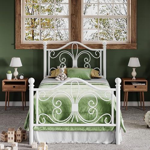Allewie Metal Twin XL Platform Bed Frame, Butterfly Pattern Design, White