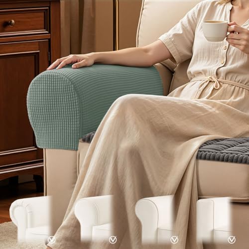 SUBRTEX Stretch Armrest Covers with Storage, Anti-Slip Spandex Arm Covers for Chairs Couch Sofa Armchair Slipcovers for Recliner Sofa with Hook and Loop Tape (Olive Green, 2pc)