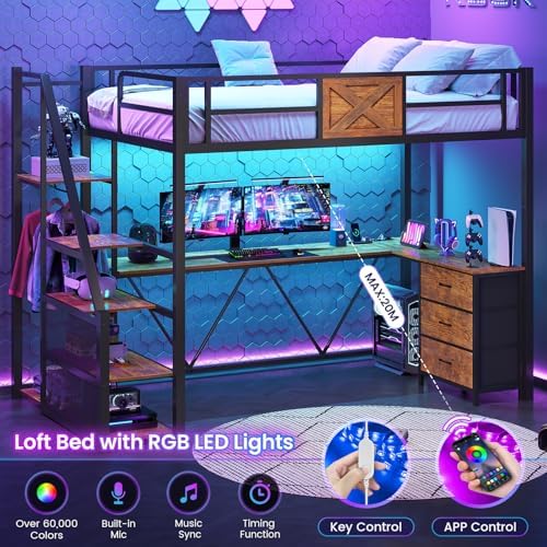 Itaar Stairway Twin Size Loft Bed with L Shaped Desk and Wardrobe, Metal Loft Bed Frame with Storage Stairs, 3 Fabric Drawers, LED Lights & Charging Sation (Rustic Brown, Twin)