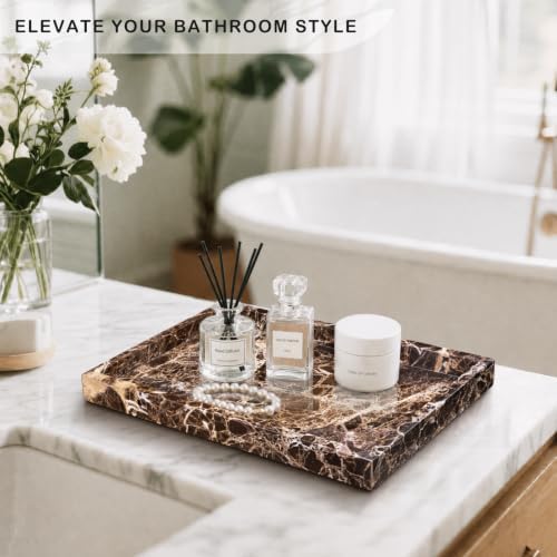 Marble Bathroom Tray for Countertop & Home Decor, Natural Decorative Marble Tray for Jewelry & Perfume Organizer, Luxury Stone Vanity Trays for Dresser, Kitchen Counter, 12" x 8", Brown