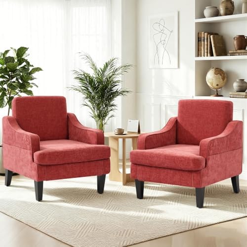 Set of 2 Accent Chair for Living Room,Mid-Century Arm Chair Chenille Fabric Living Room Chairs,Upholstered Reading Chair for Bedroom,Single Sofa Chair with Wood Legs for Apartment (Orange)