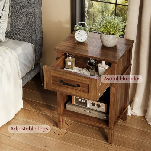 Farmhouse Nightstand with Drawer, Small Wood Bedside Table, Rustic Side Table, Modern End Table with Drawer, Retro Wooden Red Brown Night Stand for Bedroom