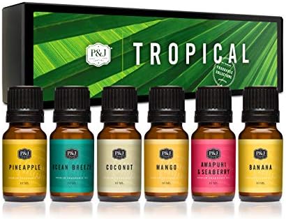 &J Fragrance Oil Tropical Set | Banana, Coconut, Awapuhi and Seaberry, Pineapple, Mango, Ocean Breeze Candle Scents for Making, Freshie Scent, Soap Making Supplies, Diffuser