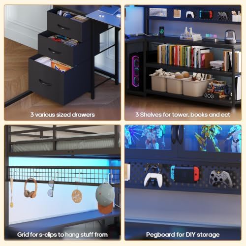 ADORNEVE Gaming Loft Bed Full Size with Desk, Arcylic RGB Hutch, Black