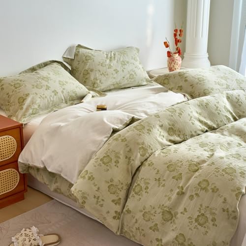 HighBuy Sage Green Floral Duvet Cover Twin XL Textured Design,Premium Muslin Cotton Coquette Floral Comforter Cover Set for College,Farmhouse Gauze Bedding Set with 2 Pillowcases