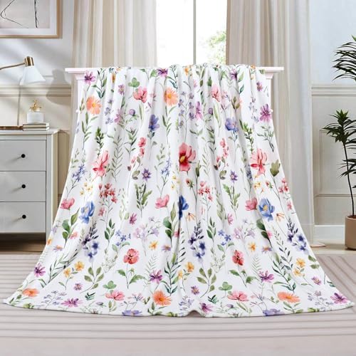 Floral Blanket Colorful Plants Wildflowers Throw Blanket Botanical Flowers Printed Blankets Soft Cozy Flannel Fleece Bed Blankets for Couch Sofa Bed Lounging