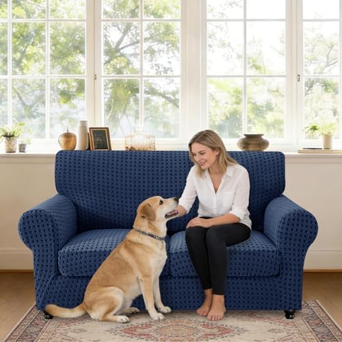 MAXIJIN 3 Pieces Stretch Sofa Covers for 2 Cushion Couch Loveseat Cover for Dogs Washable Love Seat Sofa Slipcovers Thick Soft Furniture Protector with Non Slip Strap (Navy Blue, 55"-69")