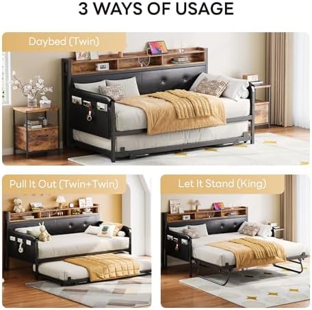 LIKIMIO Daybed with Trundle, Twin Bed Frame, Dark Black