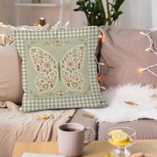 Cottagecore Floral Butterfly Throw Pillow Cover 18x18, Baby Girl Nursery Decorative Pillow Covers for Kids Toddler Girls Room Bedroom, Vintage Green Gingham Plaid Accent Pillows Cover Pillowcases