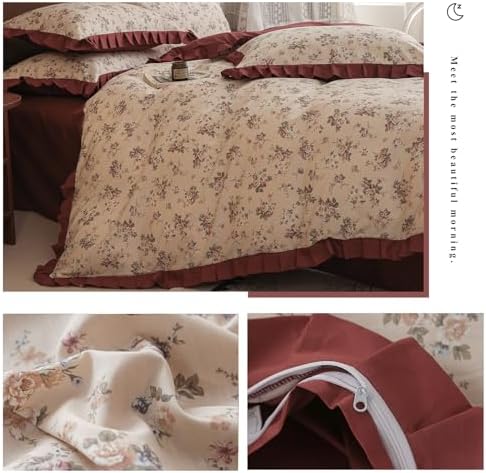 Girls Flower Duvet Cover Set 100% Cotton Queen(90"x90"),Ruffled Wine Red