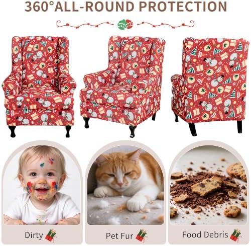 HAOYONG Christmas Stretch Wingback Chair Cover 2 Pieces Wing Chair Slipcover Printed Wingback Armhair Slipcover Wingback Washable Sofa Covers Christmas Decoration Furniture Protector for Armchair