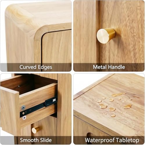 Narrow Nightstand Set of 2, Small Bedside Table with 3 Drawers, Mid Century Modern Skinny Nightstand with Storage, Wood Slim Side Table for Bedroom, Living Room (Natural-2pcs)