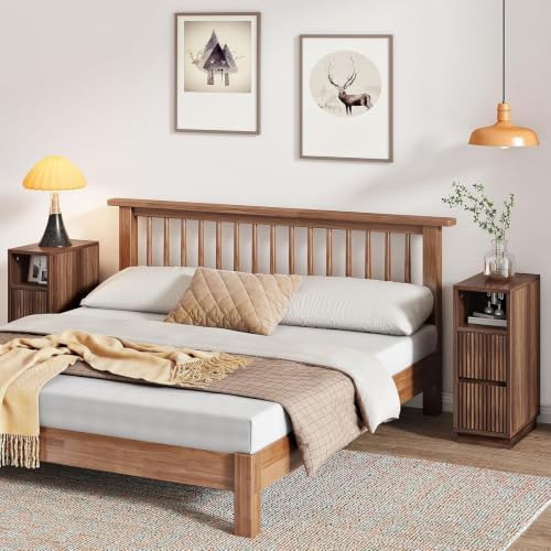 CHOEZON 8.7" Narrow Nightstand Set of 2, Small Bedside Table with Drawers, Skinny Side Table, Modern Nightstand with 1 Semi-Open Shelf, Floating End Table, for Living Room, Bedroom, Walnut MBZ12P2HT